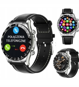 Smartwatch Rubicon RNCE94 Srebrny /Czarny pasek skórzany Bluetooth Call Rozmowy Mikrofon