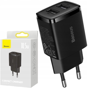 BASEUS UNIWERSALNA SZYBKA ŁADOWARKA SIECIOWA COMPACT 2 X USB A CZARNA 10,5W