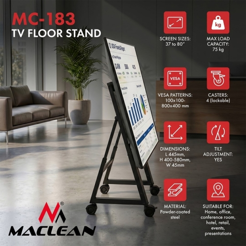 MACLEAN WÓZEK / STOJAK PODŁOGOWY DO TV, 37-80", MAX. VESA 800X400, MAX. 75KG, MOBILNY, BLOKADA KÓŁ MC-183